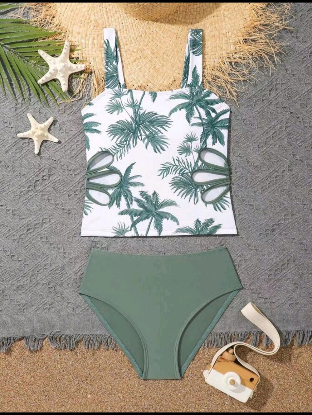 Green Palm Print Tankini Set - Green/White